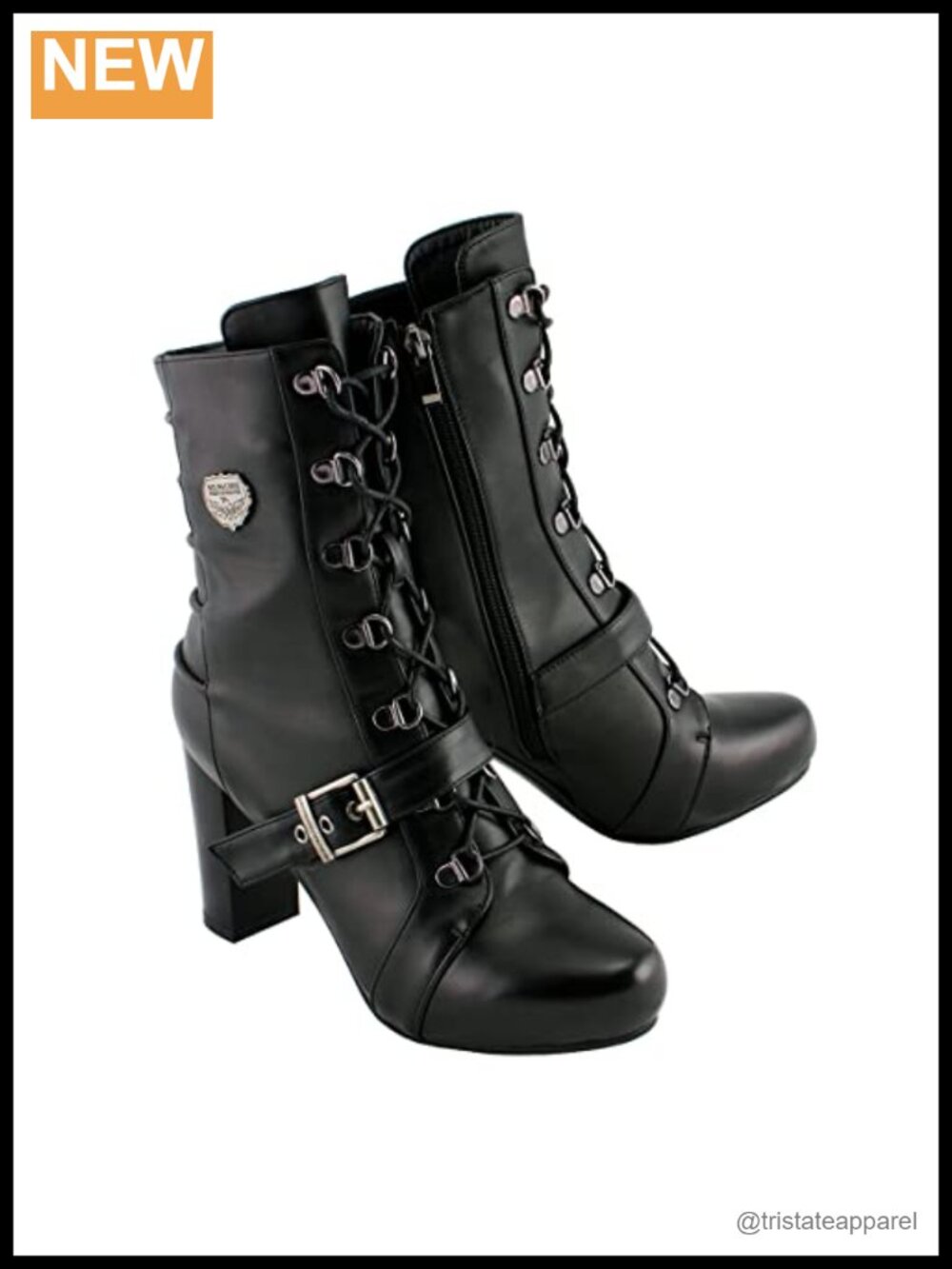 Women's Black Lace-Up Boots with Block Heel and Side Zipper